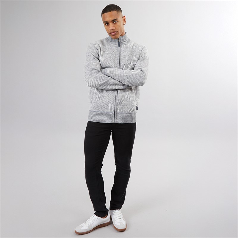 Brave Soul Mens Eadred Fully Lined Zip Through Funnel Neck Jumper Silver Grey Marl Twist