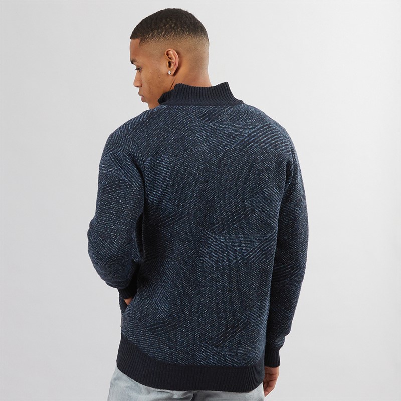 Brave Soul Mens Eadred Fully Lined Zip Through Funnel Neck Jumper Navy Twist