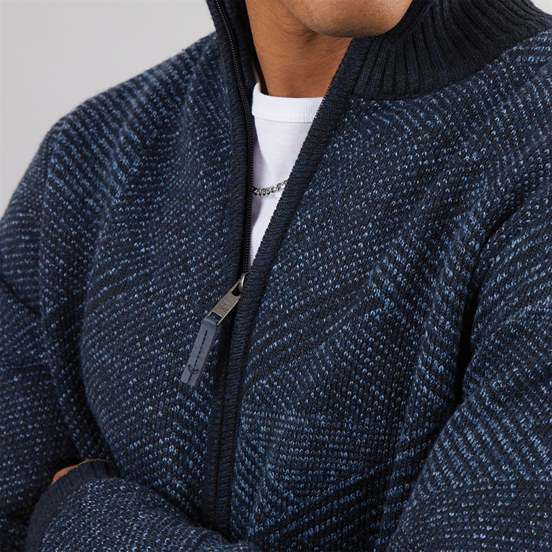 Brave Soul Mens Eadred Fully Lined Zip Through Funnel Neck Jumper Navy Twist