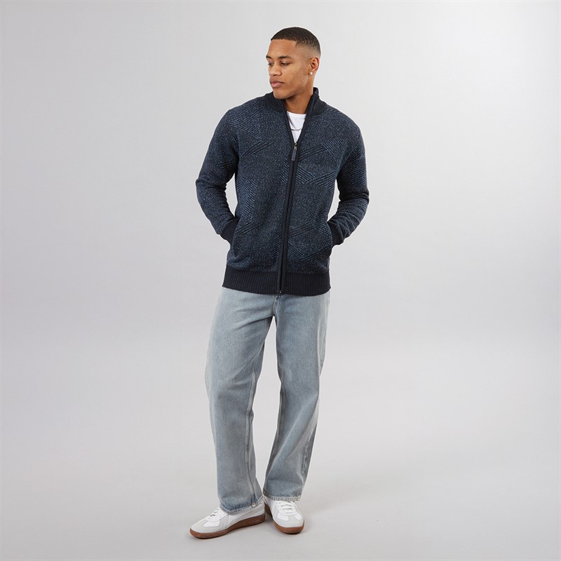 Brave Soul Mens Eadred Fully Lined Zip Through Funnel Neck Jumper Navy Twist