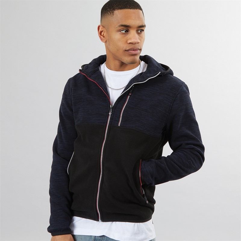 Brave Soul Mens Ingleton Zip Through Hoodie Navy/Black/Jet Black - Size S