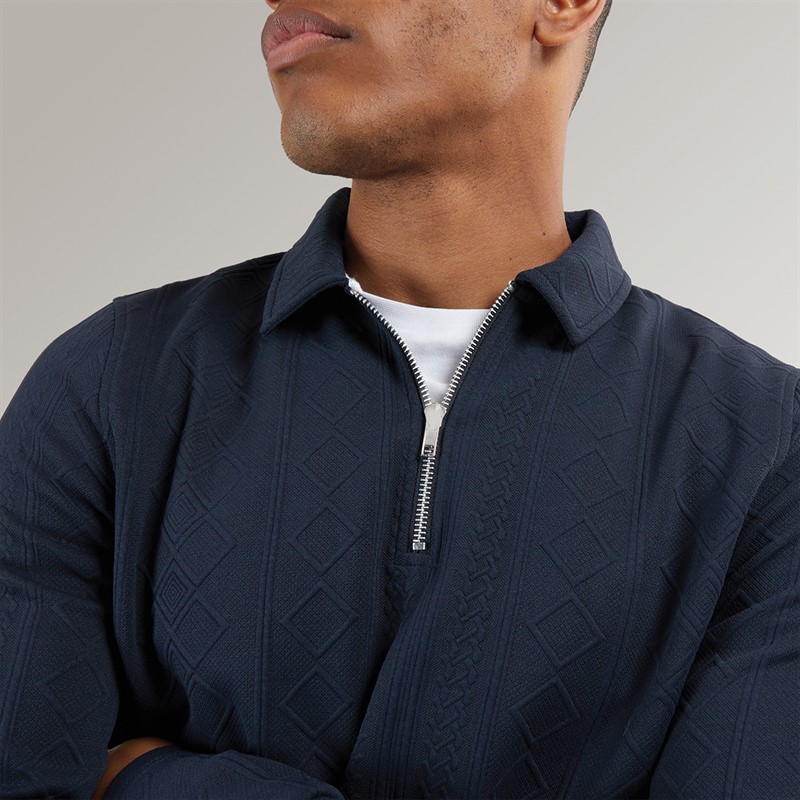 Brave Soul Mens Mellark Long Sleeve 1/4 Zip Polo Shirt Dark Navy