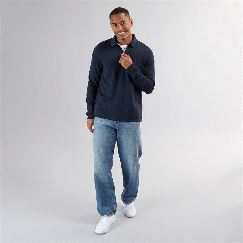 Brave Soul Mens Mellark Long Sleeve 1/4 Zip Polo Shirt Dark Navy