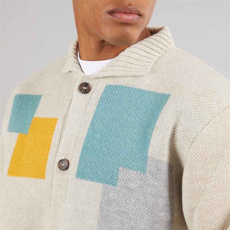 Brave Soul Mens Kevin Button Up Collared Cardigan Beige