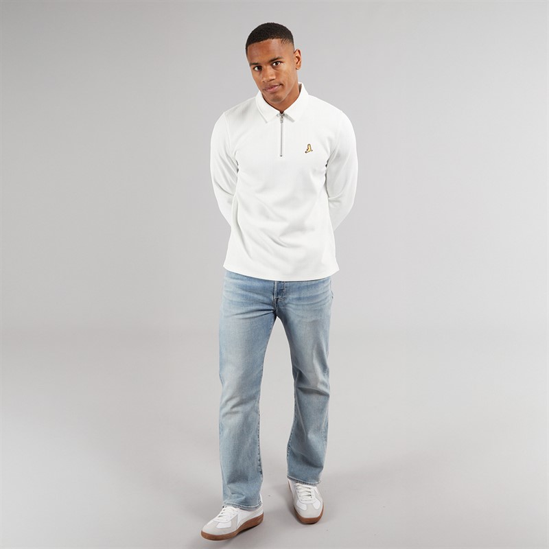 Brave Soul Mens Ryker Long Sleeve 1/4 Zip Polo Shirt Off White