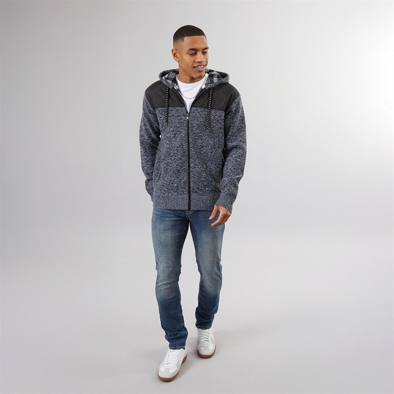 Brave Soul Mens Sweyn Fully Lined Zip Through Hoodie Jet Black/Black/White Twist