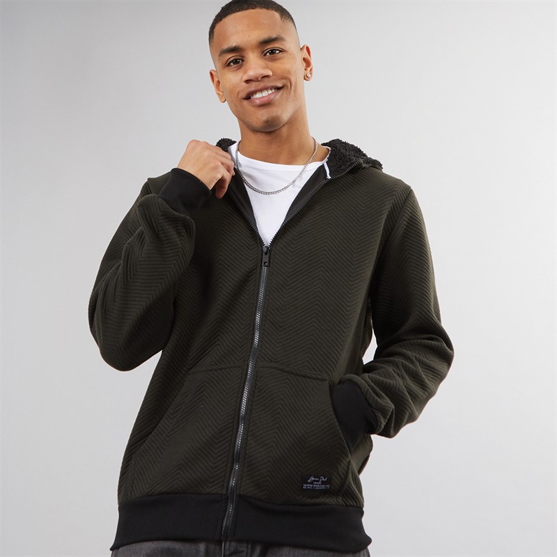Brave Soul Mens Tyne Zip Through Hoodie Khaki Chevron/Jet Black