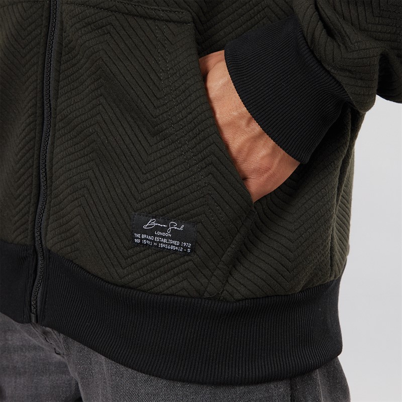 Brave Soul Mens Tyne Zip Through Hoodie Khaki Chevron/Jet Black