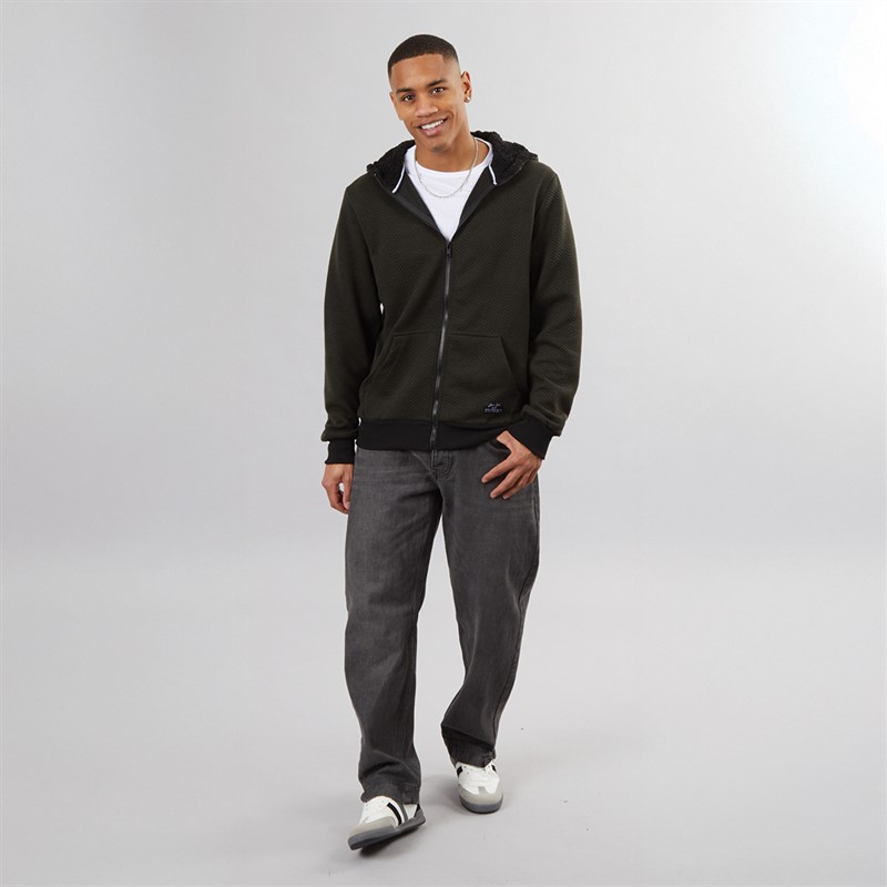 Brave Soul Mens Tyne Zip Through Hoodie Khaki Chevron/Jet Black