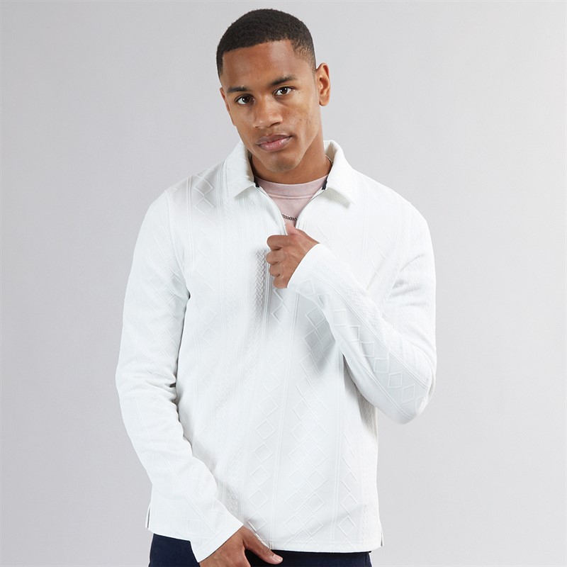 Brave Soul Mens Mellark Long Sleeve 1/4 Zip Polo Shirt Off White