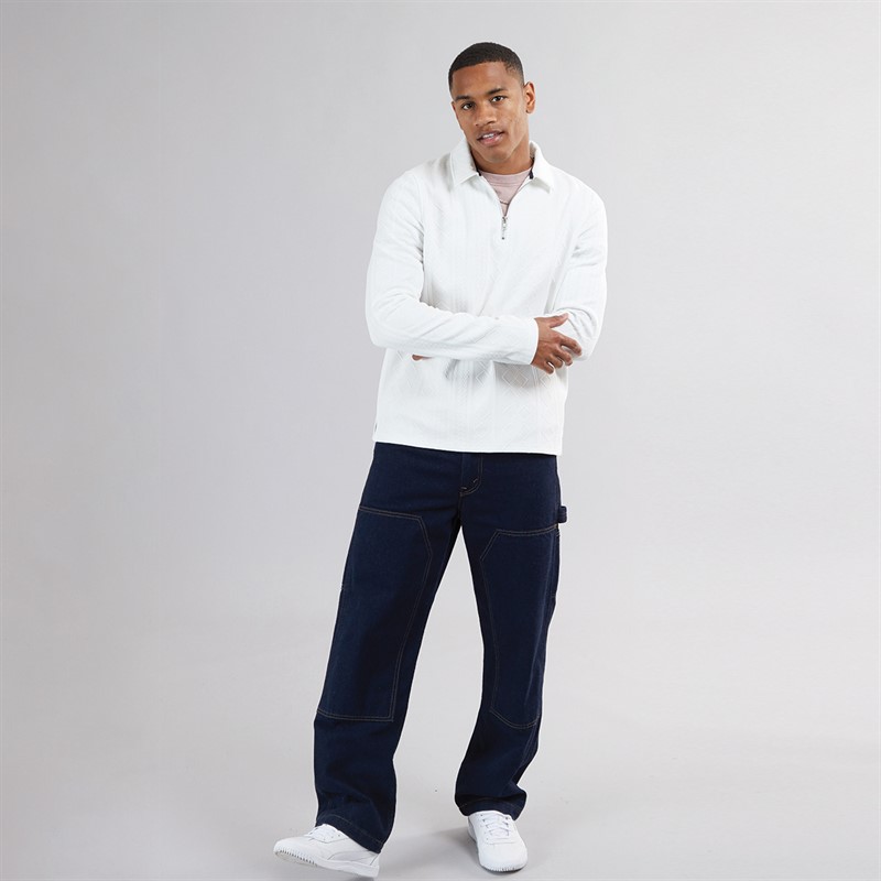 Brave Soul Mens Mellark Long Sleeve 1/4 Zip Polo Shirt Off White