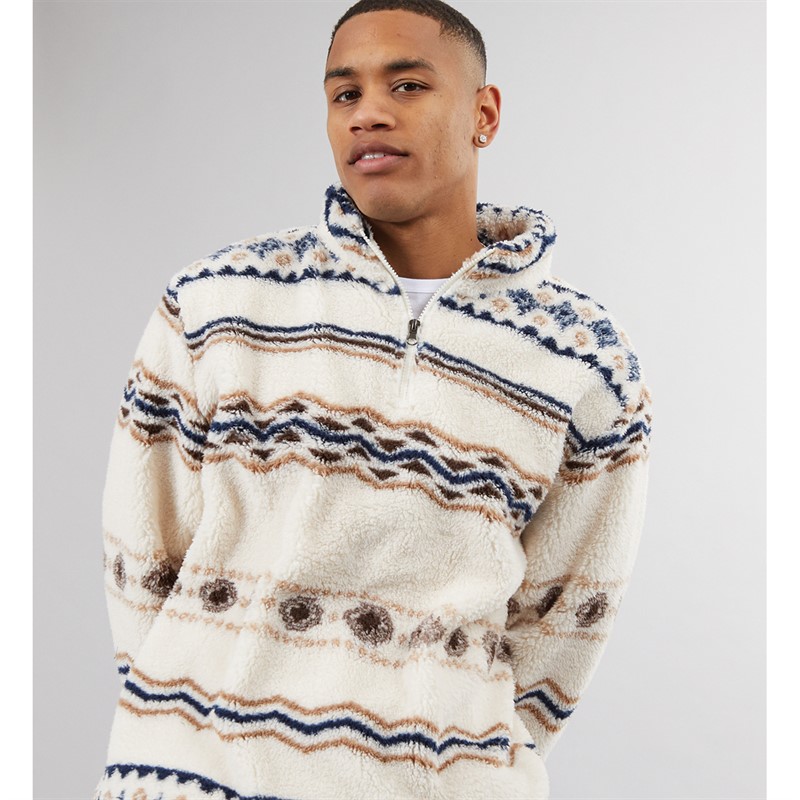 Brave Soul Mens Coleman 1/4 Zip Fleece Cream/Multi