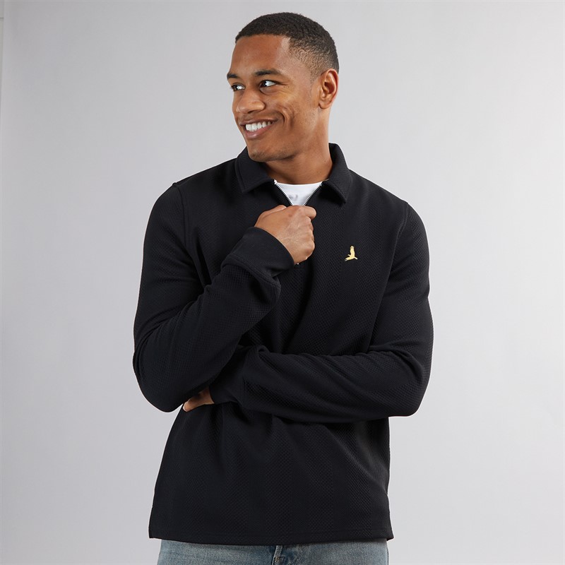 Brave Soul Mens Ryker Long Sleeve 1/4 Zip Polo Shirt Jet Black