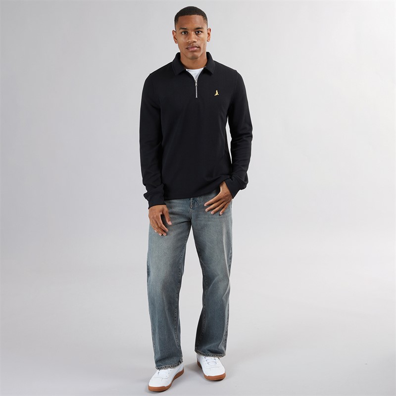 Brave Soul Mens Ryker Long Sleeve 1/4 Zip Polo Shirt Jet Black