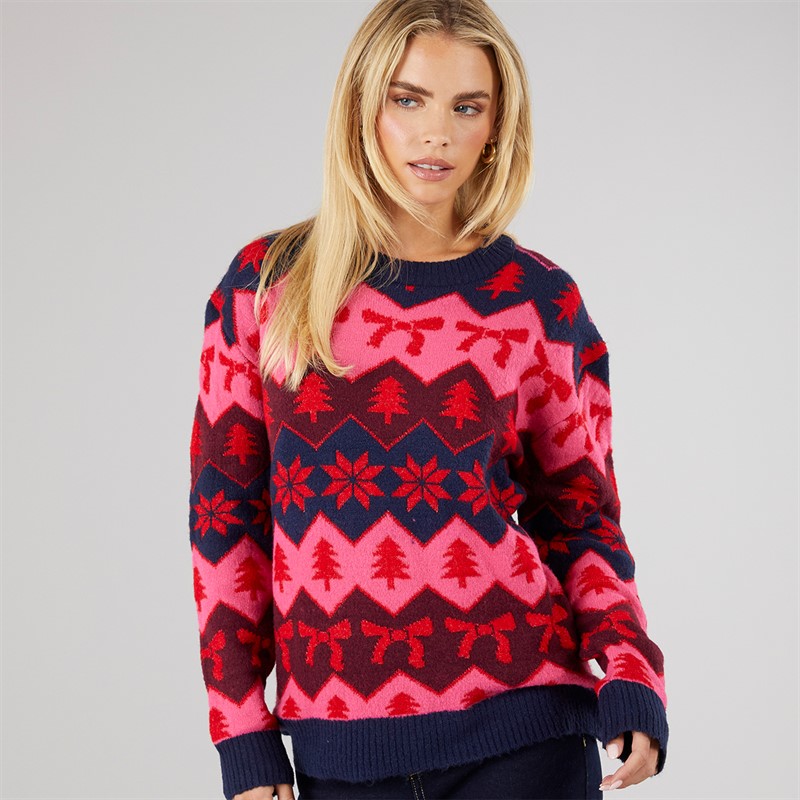 Brave Soul Womens Christmas Lapland Jumper Navy/Pink/Wine Mix