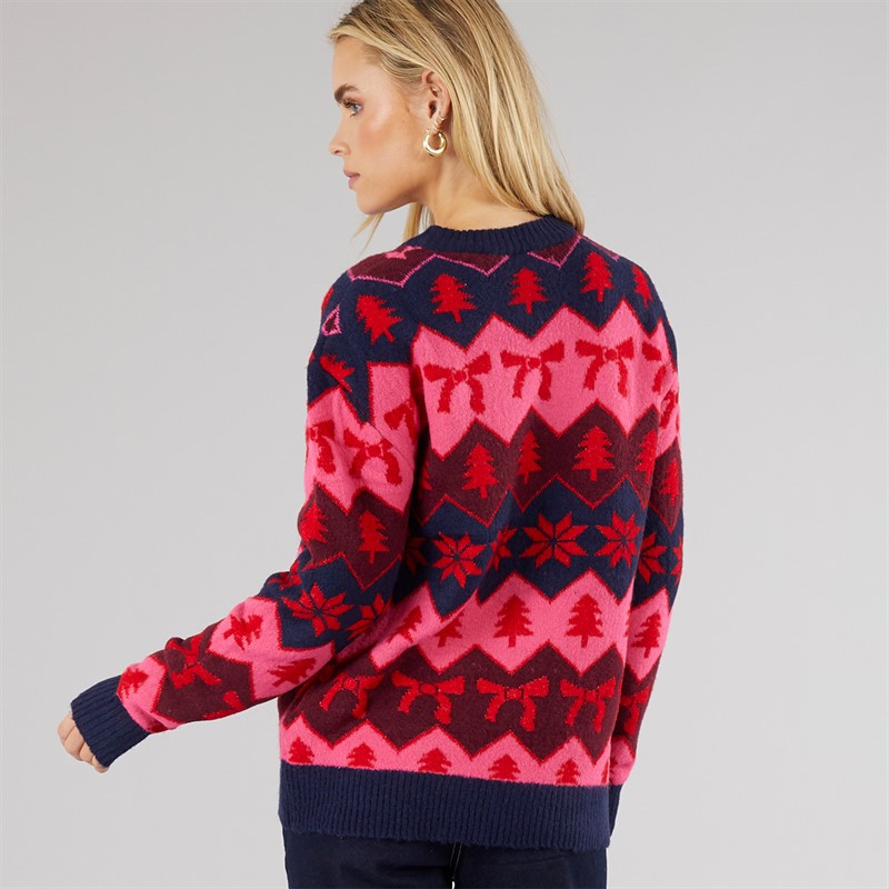 Brave Soul Womens Christmas Lapland Jumper Navy/Pink/Wine Mix