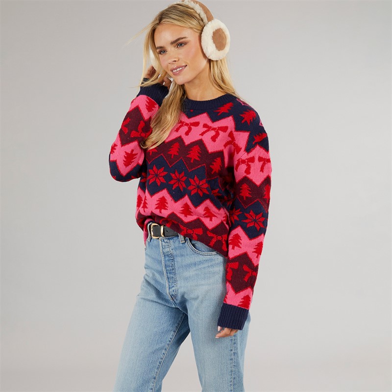 Brave Soul Womens Christmas Lapland Jumper Navy/Pink/Wine Mix