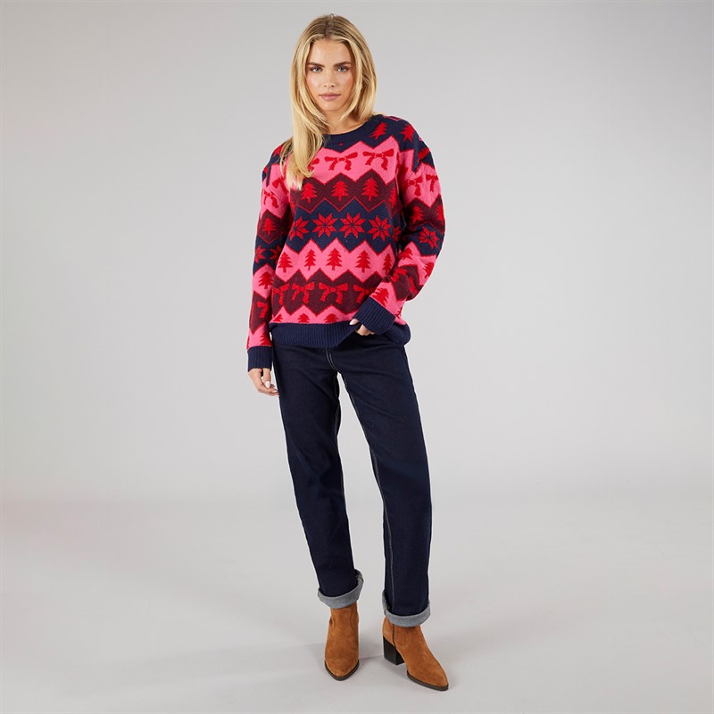 Brave Soul Womens Christmas Lapland Jumper Navy/Pink/Wine Mix