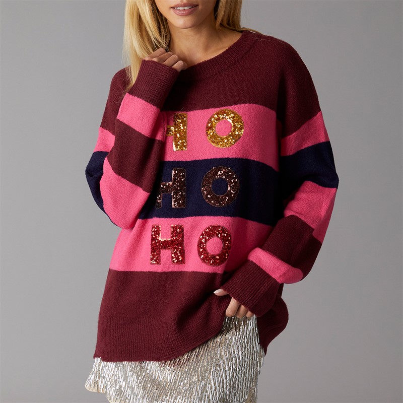 Brave Soul Womens Sequin Jumper Wine/Pink/Navy