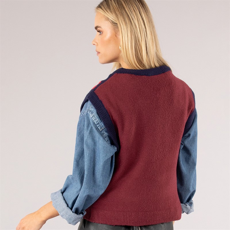 Brave Soul Womens Christmas Joyus Sweater Vest Navy/Wine