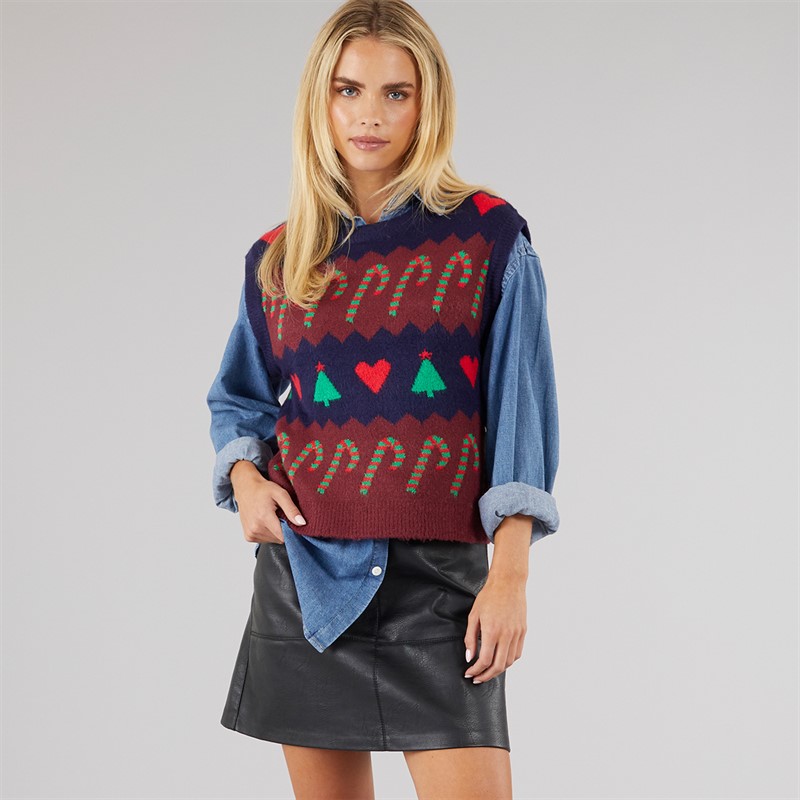 Brave Soul Womens Christmas Joyus Sweater Vest Navy/Wine