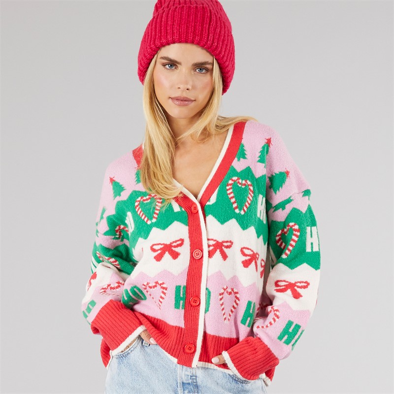 Brave Soul Womens Christmas Joy Jacquard Cardigan Multi