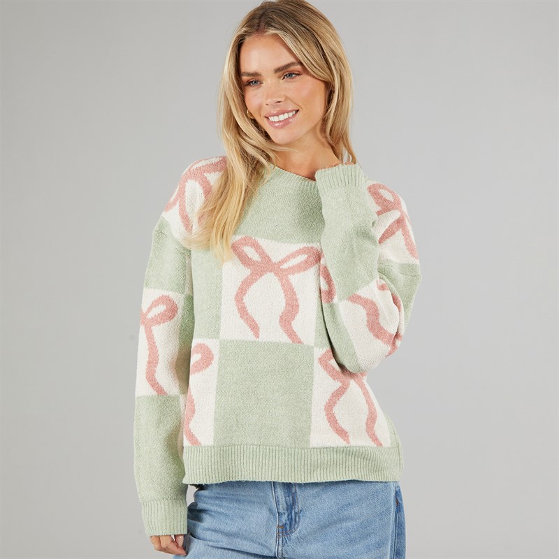 Brave Soul Womens Christmas Grotto Jumper Sage/Ecru/Pink Bow