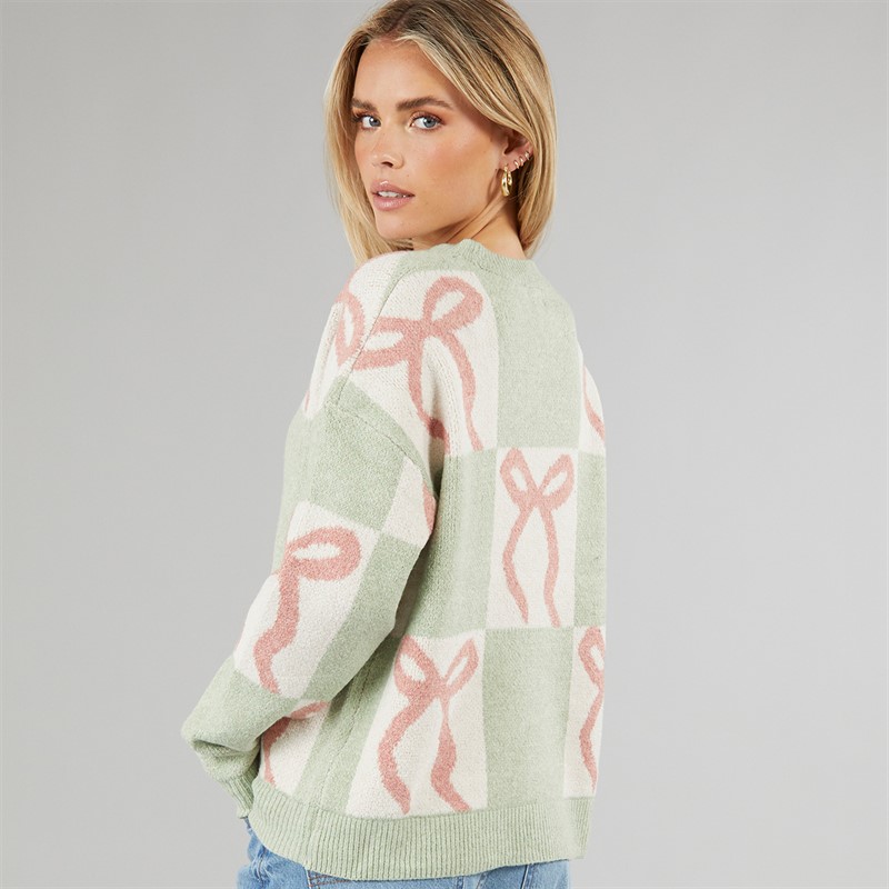 Brave Soul Womens Christmas Grotto Jumper Sage/Ecru/Pink Bow