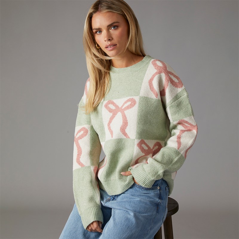 Brave Soul Womens Christmas Grotto Jumper Sage/Ecru/Pink Bow