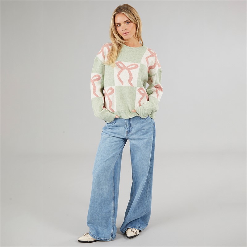 Brave Soul Womens Christmas Grotto Jumper Sage/Ecru/Pink Bow