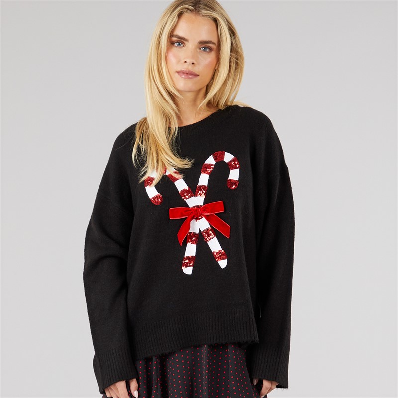Brave Soul Womens Christmas Candy Cane Jumper Black - Size L