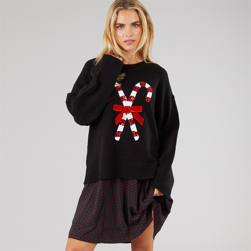 Brave Soul Womens Christmas Candy Cane Jumper Black
