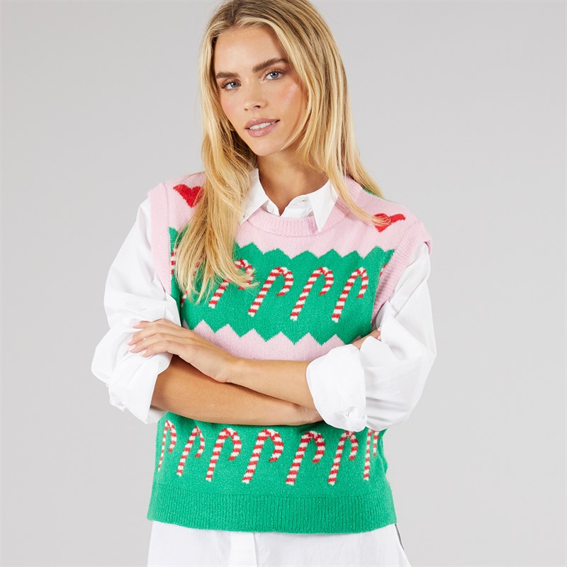 Brave Soul Womens Joyus Sweater Vest Pink/Green