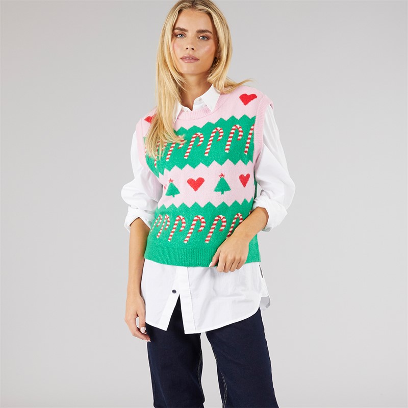 Brave Soul Womens Joyus Sweater Vest Pink/Green