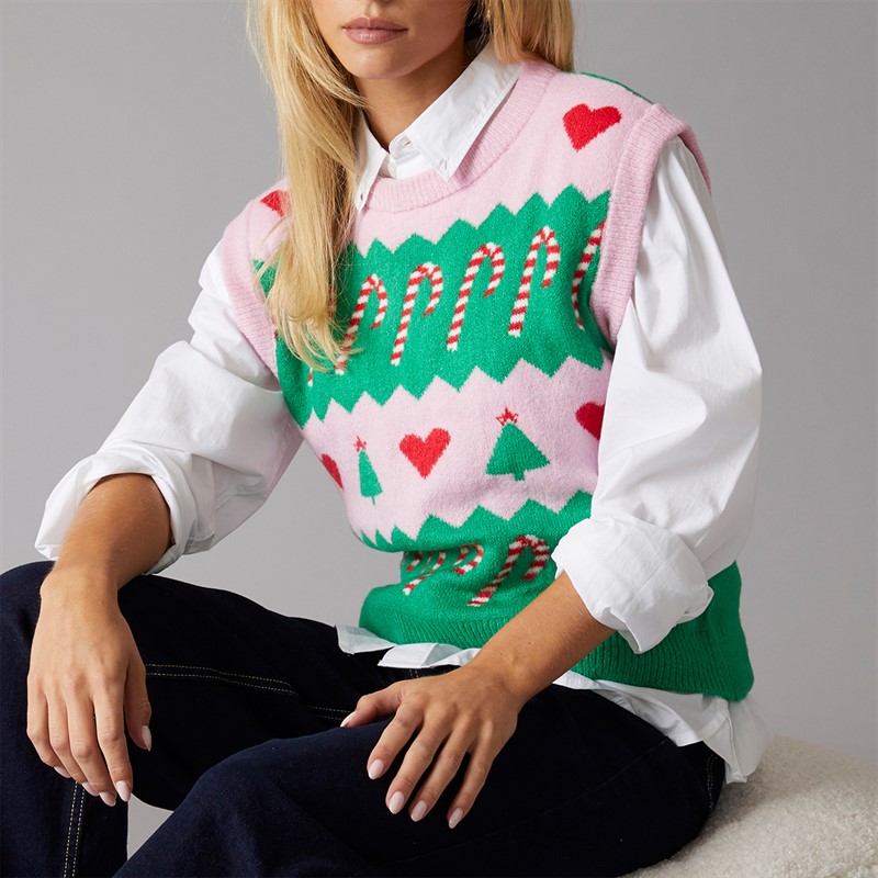 Brave Soul Womens Joyus Sweater Vest Pink/Green