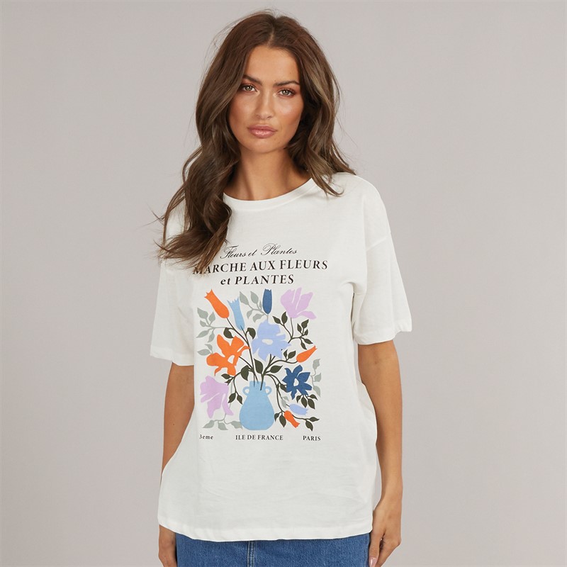 Brave Soul Womens Fleurs T-Shirt Cream