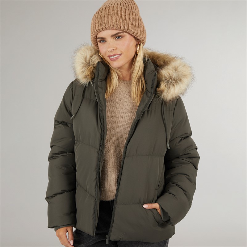 Brave Soul Womens Marcella Short Puffer Jacket Khaki - Size 12