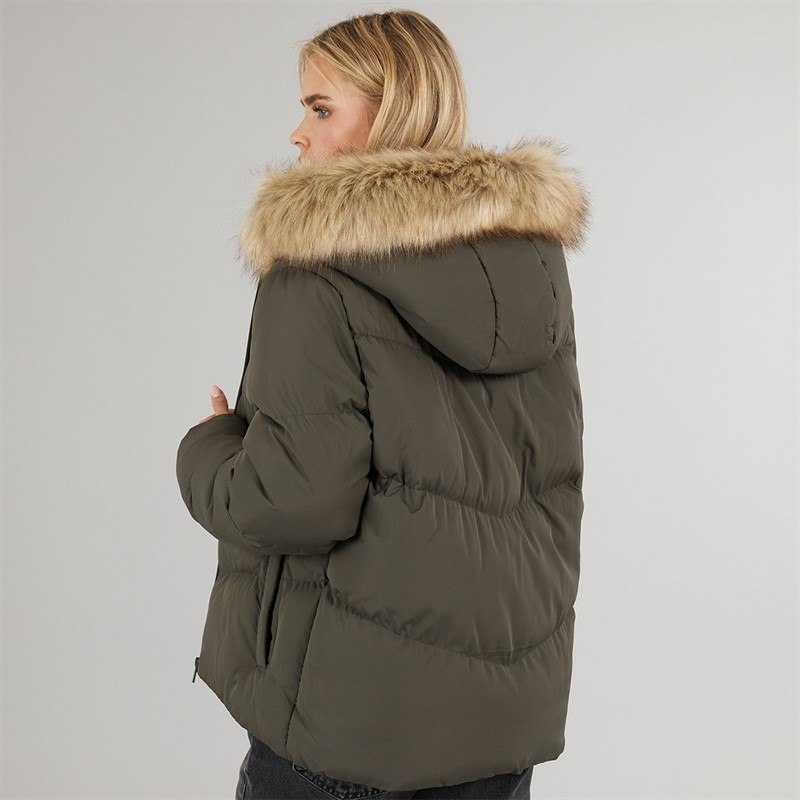 Brave Soul Womens Marcella Short Puffer Jacket Khaki