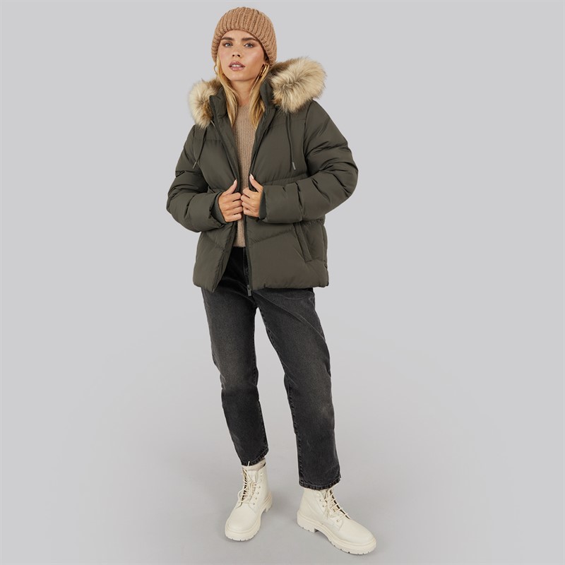 Brave Soul Womens Marcella Short Puffer Jacket Khaki