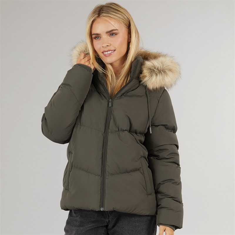 Brave Soul Womens Marcella Short Puffer Jacket Khaki