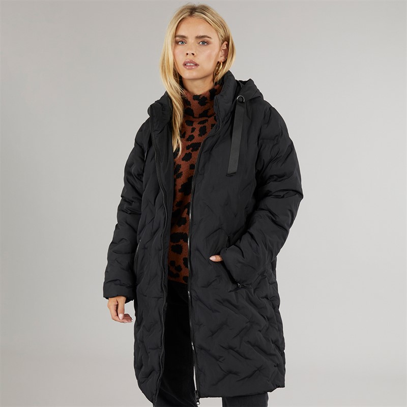 Brave Soul Womens Lilla Long Puffer Jacket Black - Size 12
