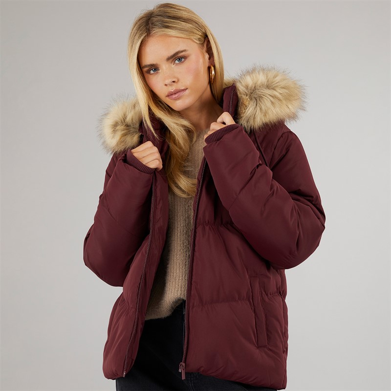 Brave Soul Womens Marcella Short Puffer Jacket Burgundy - Size 16