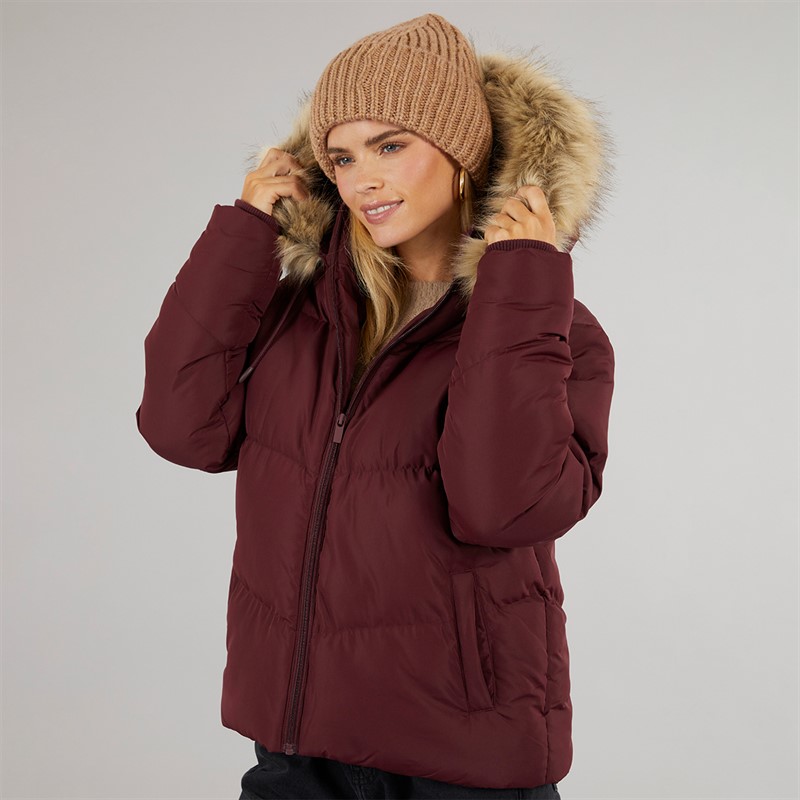 Brave Soul Womens Marcella Short Puffer Jacket Burgundy