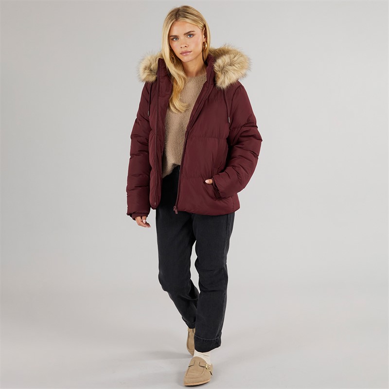 Brave Soul Womens Marcella Short Puffer Jacket Burgundy