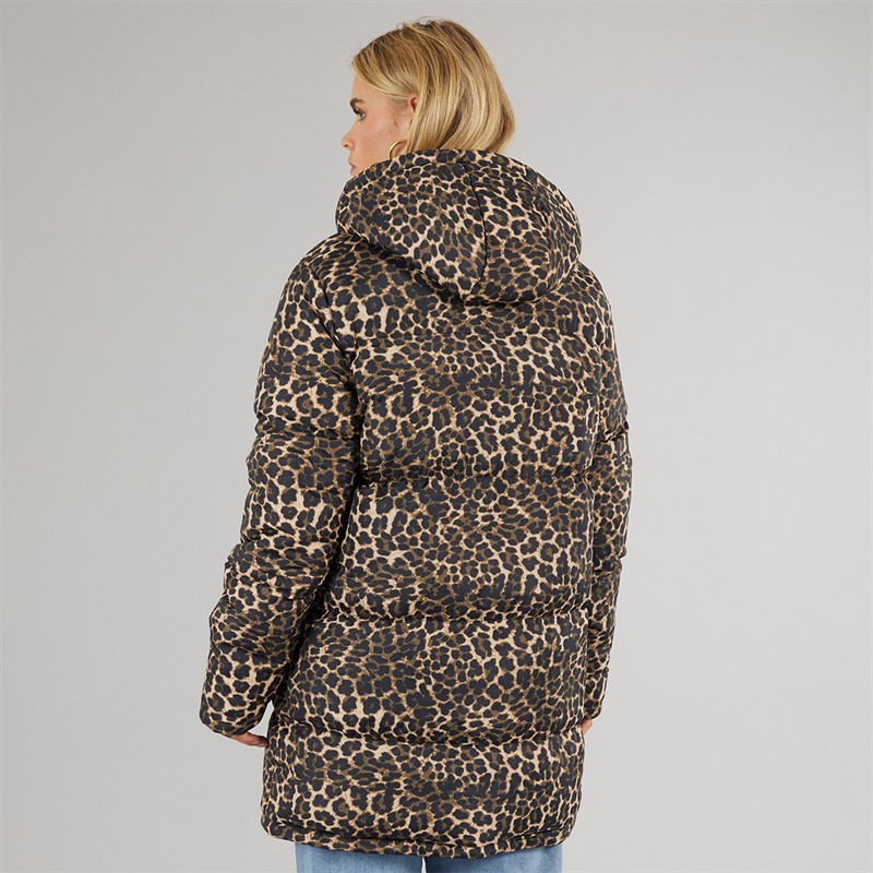 Brave Soul Womens Cello Long Puffer Coat Leopard