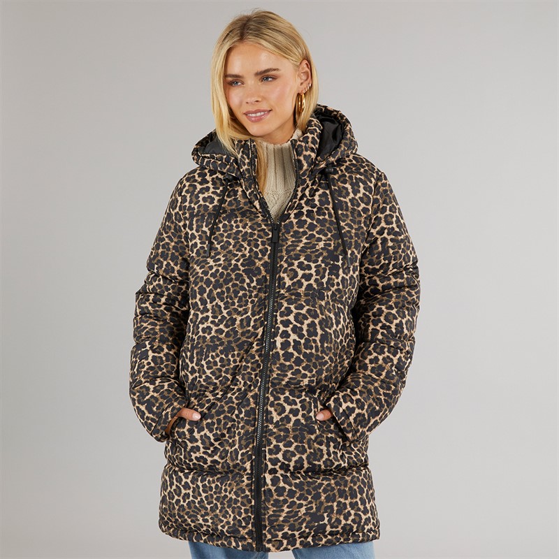 Brave Soul Womens Cello Long Puffer Coat Leopard