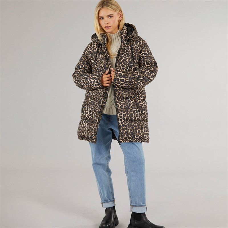 Brave Soul Womens Cello Long Puffer Coat Leopard