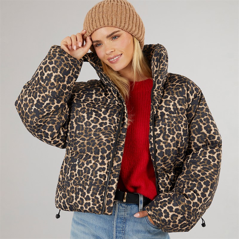 Brave Soul Womens Ramblin Short Puffer Jacket Leopard - Size 8