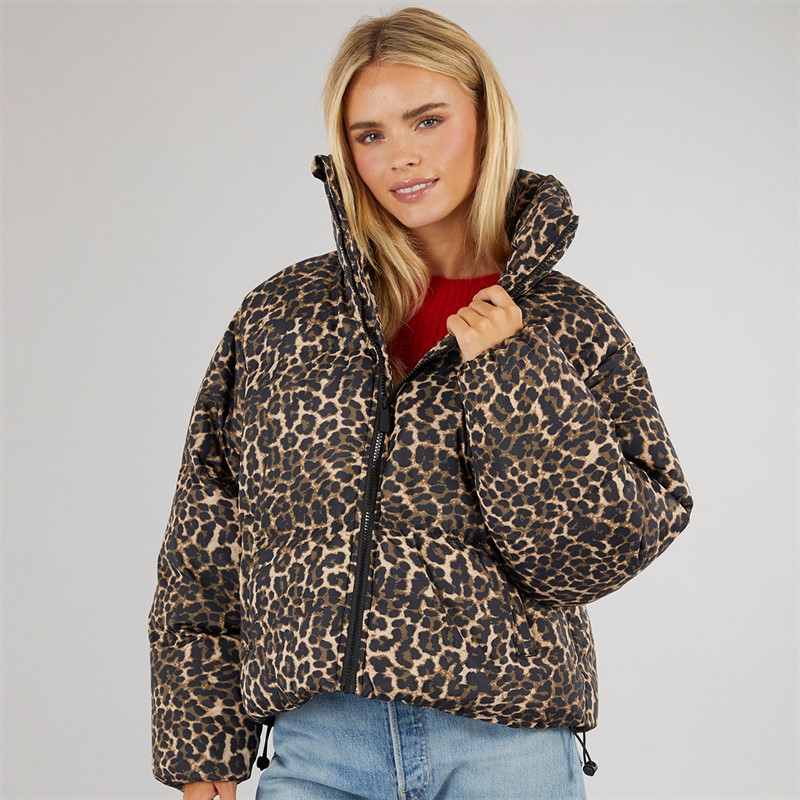 Brave Soul Womens Ramblin Short Puffer Jacket Leopard