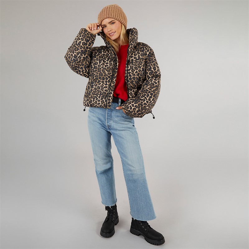 Brave Soul Womens Ramblin Short Puffer Jacket Leopard